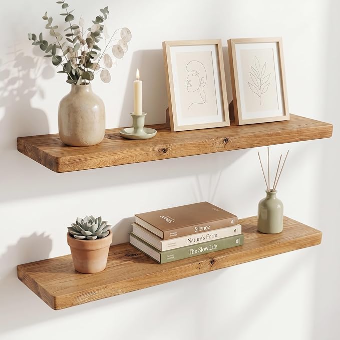 Dreamland 36" Solid Elm Wood Floating Shelves, 8" Deep Wall Shelves for Home Decor, Floating Shelf with Invisible Bracket, Heavy-Duty Display Shelf - for Living Room, Kitchen, Bathroom, Set of 2