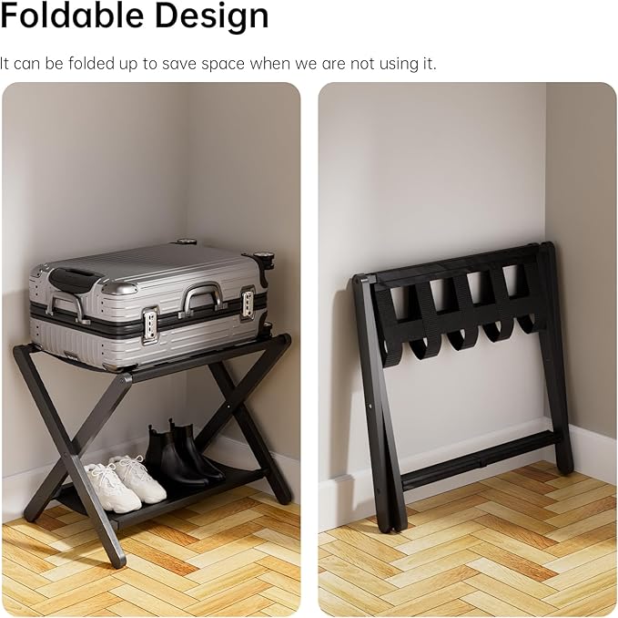 HITNET Luggage Rack for Guest Room, Suitcase Stand Folding Bedroom, Bamboo Hotel Luggage Holder with Fabric Storage Shelf and Nylon Straps, Black