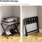 HITNET Luggage Rack for Guest Room, Suitcase Stand Folding Bedroom, Bamboo Hotel Luggage Holder with Fabric Storage Shelf and Nylon Straps, Black