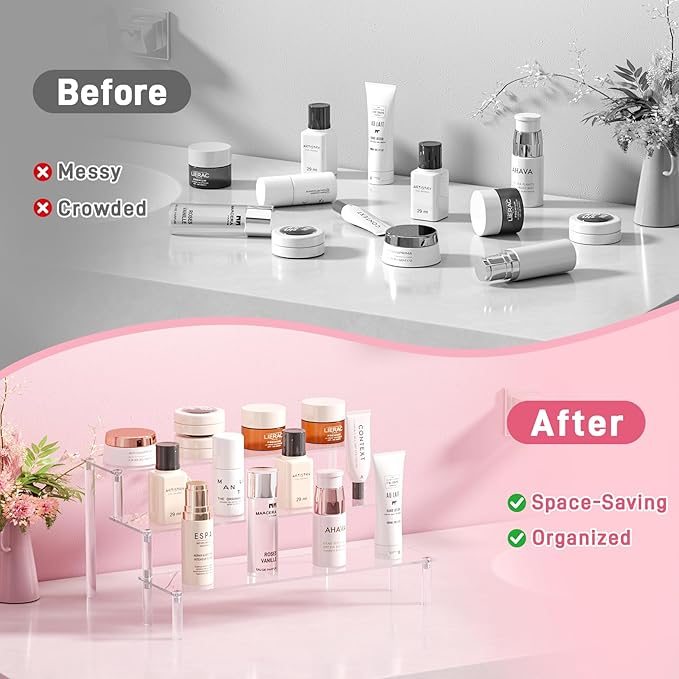 2 Packs Acrylic Display Stand Riser,3 Tier Perfume Organizer Cupcake Stand Acrylic Pop Shelves Holder,Clear Desk Display Shelf for Figure,Trinket,Collectibles,Dessert Stands for Party Decor-11.6in