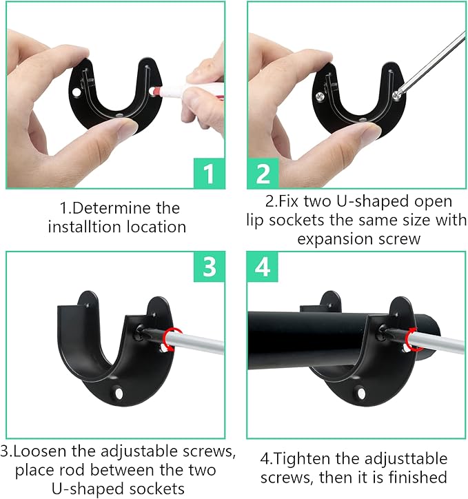 2 Packs Stainless Steel Closet Rod End Supports 1-1/3 Inch Wardrobe Bracket Heavy Duty Closet Pole Sockets Flange Rod Holder, U-Shaped with Screws, Black