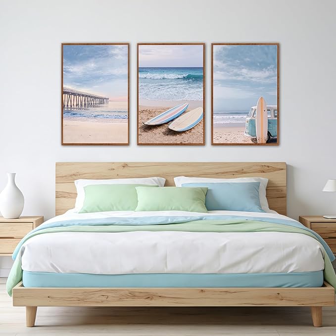 KAlRNE Coastal Seascape Wall Art Set of 3(24”X36”),Modern Ocean Beach Wall Decor,Seaside Holiday Surfboard Framed Canvas Paintings,Vintage Bridge Blue Bus Art Prints For Living Room Bedroom Office