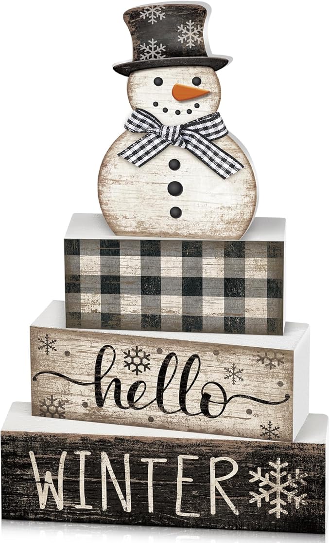 Moucuny 4 Pcs Snowman Christmas Decor Winter Table Decorations Christmas Tiered Tray Decor Winter Centerpiece Decorations Indoor Rustic Wooden Snowman Block Sign Gift Farmhouse for Home Kitchen Shelf