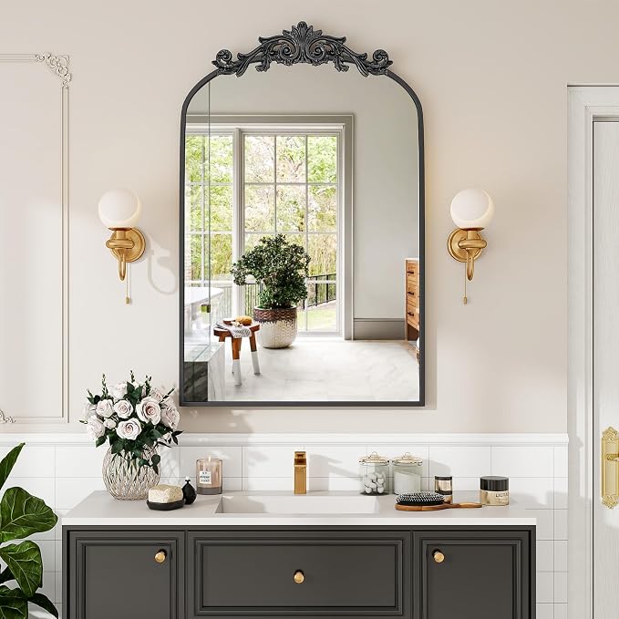 VooBang Vintage Arched Bathroom Mirror, 24x36 Inch Retro Wall Mounted Vanity Mirror with Carved Pattern Top and Metal Frame, Black Decorative Mirror for Hanging or Leaning