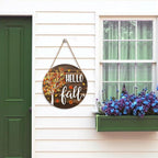 Hello Fall Wreath for Front Door Fall Tree Welcome Door Sign 12x12 Inch Autumn Maple Leaves Wood Door Hanger Farmhouse Thanksgiving Hanging Plaque for Home Porch Wall Indoor Outdoor Decorations