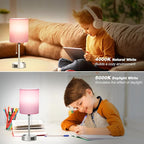 Dicoool Pink Bedroom Lamp for Bedside - 3 Color Temperatures Desk Lamp with USB C and A Ports, Pull Chain Table Lamp with AC Outlet, Nightstand Lamp with Silver Metal Base for Kids Girls