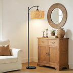 QIYIZM Floor Lamp for Living Room Bedroom Farmhouse Arc Rattan Boho Standing Lamp with Remote Dimmable Black Wicker Bamboo Lamp Shade Floor Light Adjustable Tall Lamp Industrial Floor Lamps Bohemian