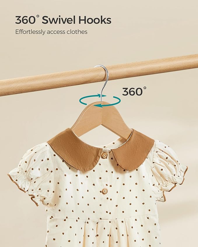 SONGMICS Kids Wooden Hangers 20 Pack, Solid Wood Baby Hangers, Children's Coat Hangers with Pants Bar, Shoulder Notches, Swivel Hooks, 12.6 x 7.5 Inches, Natural and Silver UCRW06NL