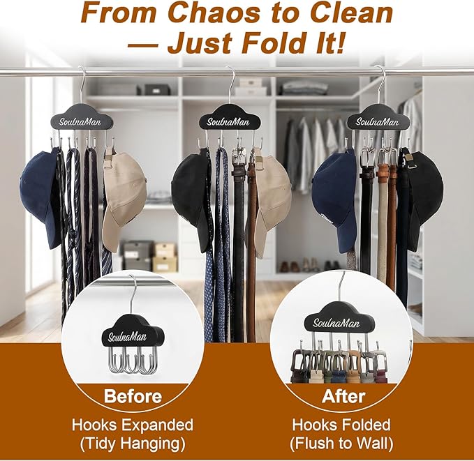 Belt Organizer,2 PCS Belt Hanger for Closet,Tie Organizer for Men,Rotatable Sturdy Shirt Hangers with 8 Hooks,Tie Rack for Belt, Bra, Tank Top, Tie, Hat, Purse,Black