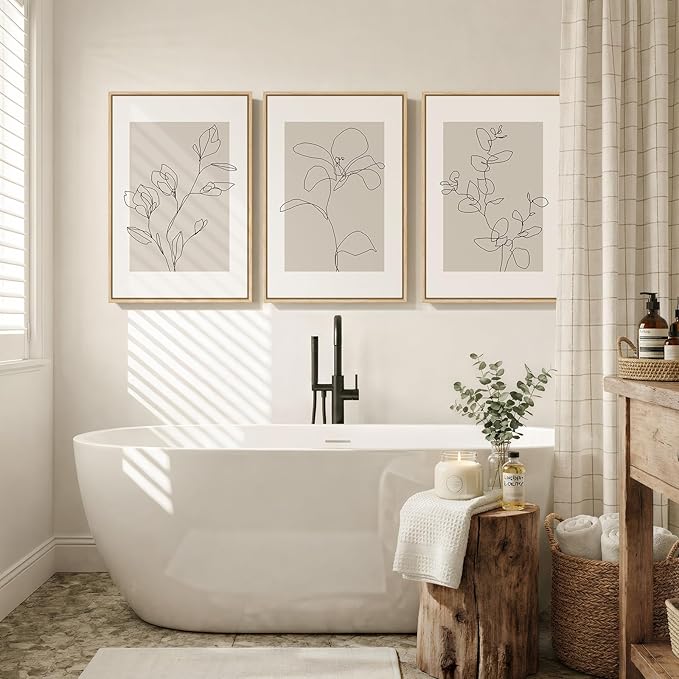 Framed Neutral Botanical Wall Art, 3 Piece Minimalist Contemporary Floral Canvas Prints Paintings, Modern Boho Beige Flower Line Pictures for Living Room Bedroom Office Dining Room Wall Decor 16x24 In