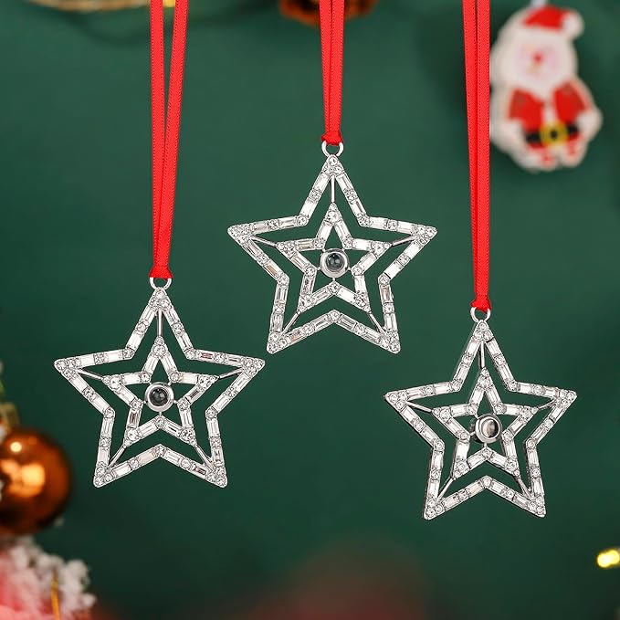 Set of 3 Christmas Hanging Ornaments - Silver Snowflake Star Pawprint Christmas Tree Decor for Xmas Tree Gift Decorative Hanging Ornaments Hanging Pendants (3, Silver Star)