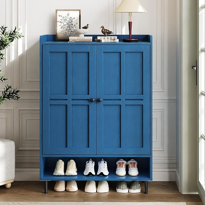 Blue 7+1 Tier Farmhouse Shoe Storage Cabinet - 45" Tall Entryway Organizer with Cross Molding Doors, 3 Adjustable Shelves & Metal Legs, Shoe Rack for Front Door Entrance