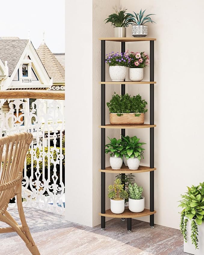 IBUYKE 5 Tier Corner Shelf Stand,Industrial Corner Display Rack,Corner Bookshelf for Living Room, Bedroom, Kitchen, Home Office, Oak WBC010K