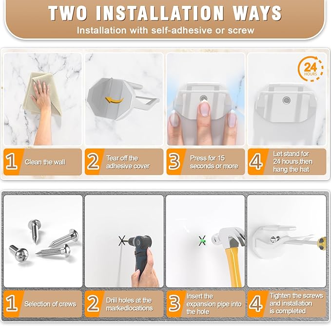 48 Pack Adhesive Hat Hooks for Wall, Super Strong Hat Rack for Baseball Caps, Hat Organizer Display for Home Decor, Hat Hangers Holder for Wall, Door, Closet, No Drilling - USA Patented (White)