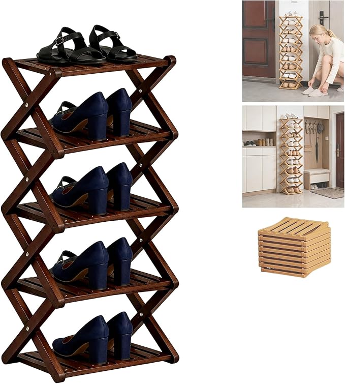 2/3/4/5/6/7/8/9 Tier Bamboo Shoe Rack - Foldable,No Installation Needed,Space-Saving Multi-Tier Storage for Indoor & Balcony Use (Brown,5 Layers)