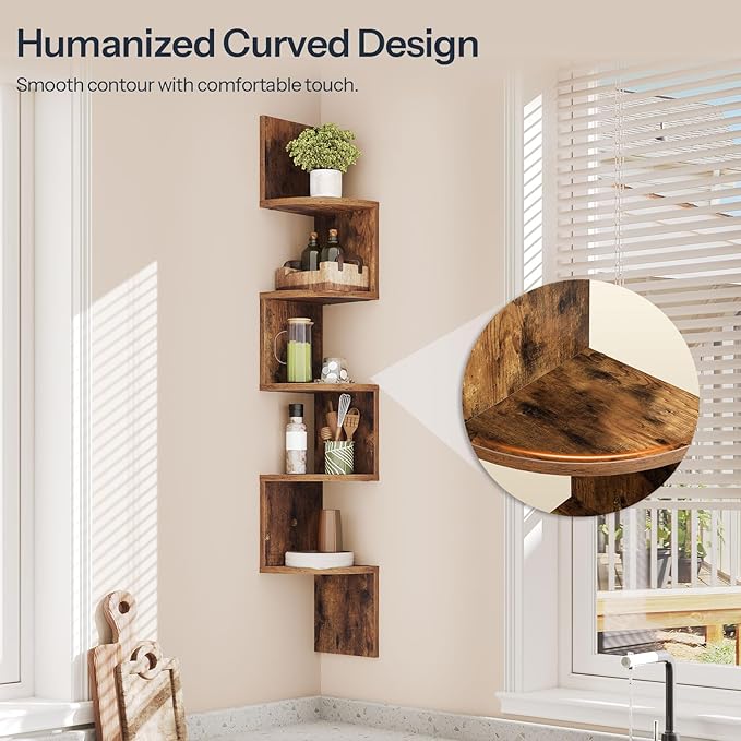 HOOBRO Corner Shelf Wall-Mounted, Set of 2 Floating Corner Shelves for Wall, 5-Tier Corner Bookshelves for Living Room, Bedroom, Bathroom, Home Office, Rustic Brown BF26BJP201