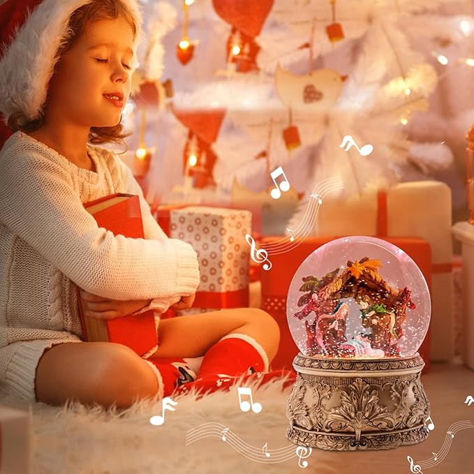 Christmas Snow Globe Musical - Nativity Snowglobe Vintage Water Snow Globes LED Light Change Music Box Home Christmas Decor for Kids Gold