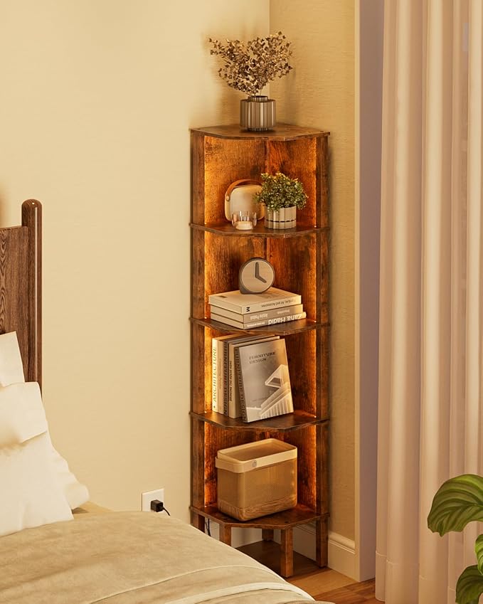 Corner Shelf Stand, 5 Tier Corner Bookshelf,Corner Furniture for Bedroom Display Corner Shelf for Small Space,Wood Shelves with Storage Rack for Living Room,Office, Rustic Brown