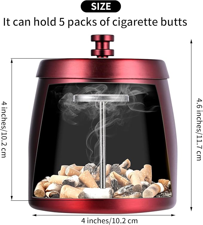 HARTAR Smokeless Ashtrays for Cigarettes Indoor, Ash Tray Sets Outdoor Windproof Cute Home Large Funny Metal Outside Ashtray with Lid for Cigarettes Butt Can for Outside Patio, Red, Large