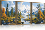 BINCUE Framed Mountain Landscape Wall Art Nature Forest Wall Decor Tree and River Art Print Nature Landscape Artwork Mountain Forest Wall Pictures for Living Room Bedroom Office Farmhouse 16x24 Inches Set of 3 Gift