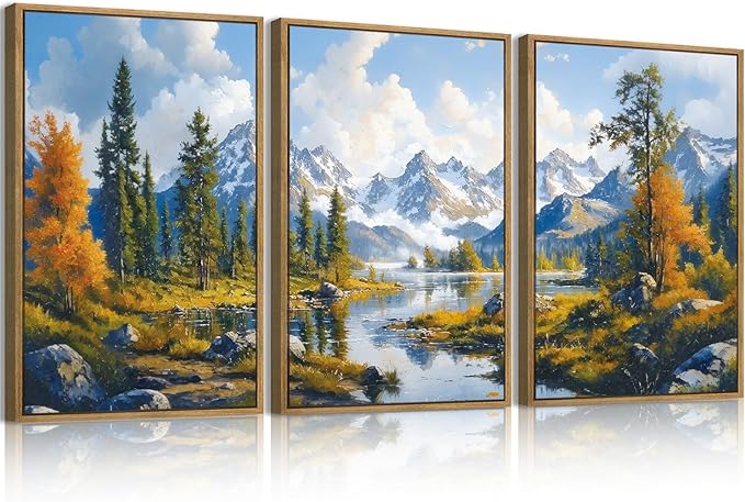 BINCUE Framed Mountain Landscape Wall Art Nature Forest Wall Decor Tree and River Art Print Nature Landscape Artwork Mountain Forest Wall Pictures for Living Room Bedroom Office Farmhouse 16x24 Inches Set of 3 Gift