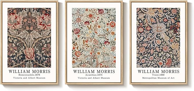 Framed Large William Morris Canvas Wall Art Set of 3, Vintage Floral Botanical Artwork Prints, Rustic Boho Farmhouse Aesthetic Decor for Living Room, Bedroom, Hallway or Office, 24x36 Inch