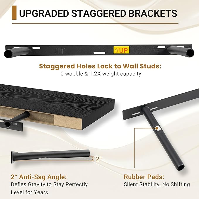 Vivelove Black Floating Shelves 24 Inches Wide, 12" Deep Wall Shelves for Bedroom, Bathroom, Living Room, Kitchen, Office, Rustic Home Decor Shelf with Invisible Brackets, 23.6X12X 1.5, Set of 2