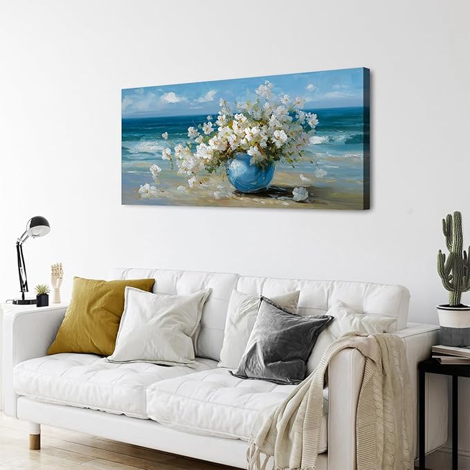 AIYISU Vintage Flowers Canvas Wall Art White Blossom Painting Retro Flowers in Blue Vase Pictures Blue Ocean Coastal Landscape Prints Poster Floral Artwork for Bathroom Bedroom Home Decoration 24x48