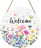 Summer Wildflowers Welcome Sign for Front Door Spring Summer Decorations Welcome Door Hanger Sign Floral Butterfly Wooden Wreath Seasonal Farmhouse Wreaths for Wall Front Door Porch 12"x12"