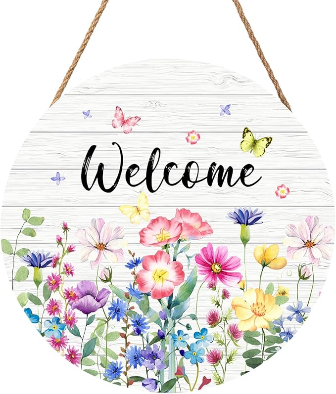 Summer Wildflowers Welcome Sign for Front Door Spring Summer Decorations Welcome Door Hanger Sign Floral Butterfly Wooden Wreath Seasonal Farmhouse Wreaths for Wall Front Door Porch 12"x12"