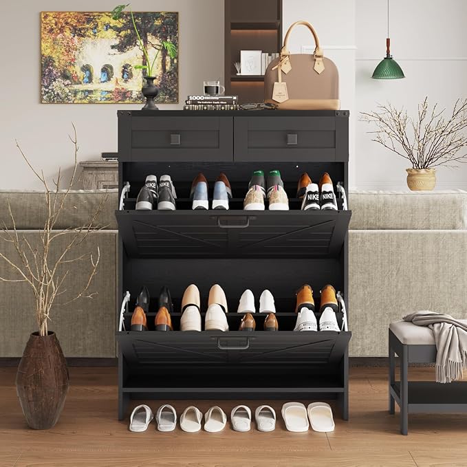 Shoe Cabinet with 2 Flip Drawers & 2 Drawers,Farmhouse Shoe Storage Cabinet for Entryway,Slim Freestanding Narrow Organizer Rack for Front Door Entrance,Black