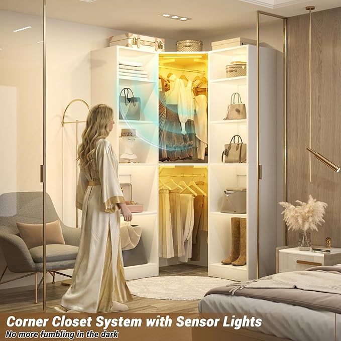 Corner Closet System with 2 Motion Sensor Lights, 39.2" Corner Closet Organizer with 12 Shelves, Closet Corner with 2 Hanging Rods, Versatile 6-Tier Walk-in Closets for Corner Space, White