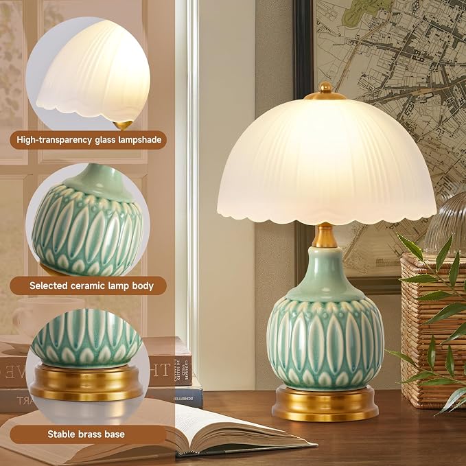 Table Lamps Ceramic Retro Lamp for Living Room,15.7" Modern Bedside Nightstand Traditional Lamps, Classic Chinoiserie Green Glass Lamp for Home (Retro)