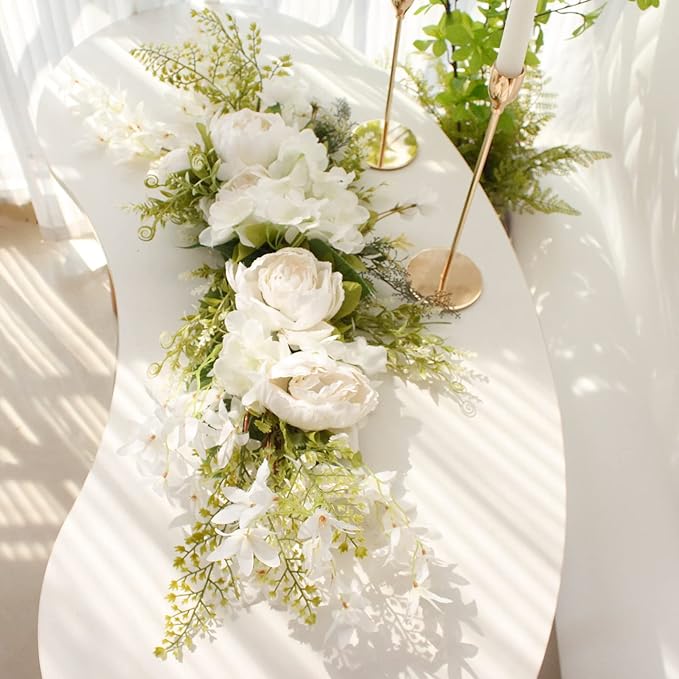IUIBMI 29.5 inch Wedding Arch Flowers, Spring Decorative Peony Swags with Green Leaves Rustic Artificial Floral Swag Peony Door Wreath for Front Door Wedding Arch Wall Decor (B)