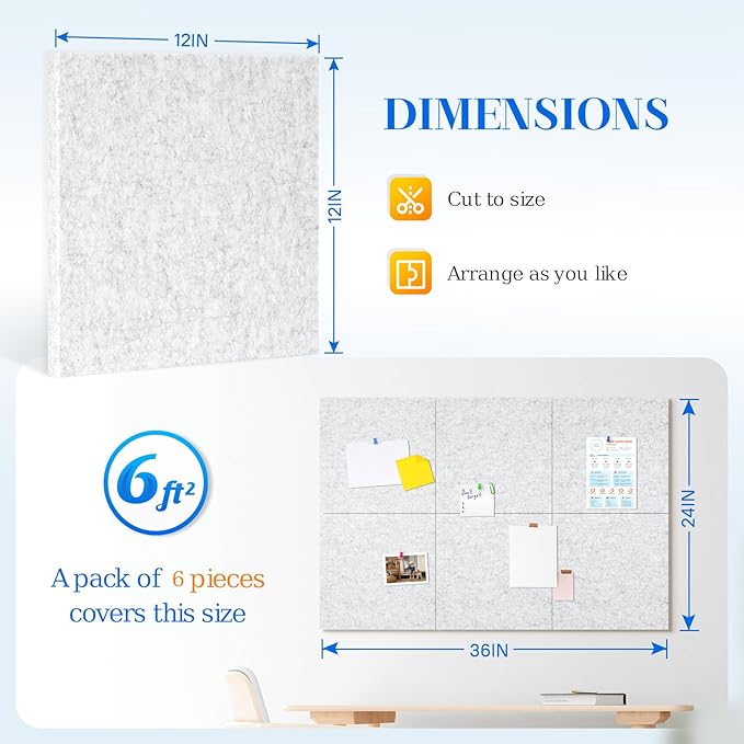 DOLLAR BOSS Felt Cork Board Tiles, 6 Packs 12" x 12" 1/2" Thick Cork Bulletin Board Self Adhesive Corkboards for Walls with 60 Pushpins for Home Office Kitchen School Decor Display, Light Grey