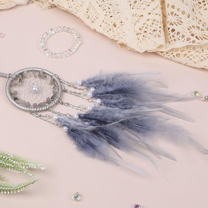Pretty Jolly Crystal Stone Small Dream Catchers Grey Blue Feathers Mini Dreamcatchers with Beads for Cars Rear View Mirror Hanging Decoration Good Luck Travel Charm Bedroom Ornaments for Women Girls