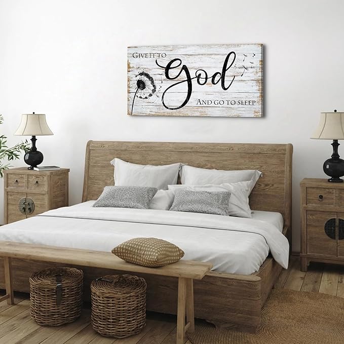 Give it to god and go to sleep Sign Wall Art Christian Bible Verses Wall Decor for Master Bedroom Dandelion Picture Canvas Rustic Religious Poster Painting Retro Quotes Artwork Home Decoration 24x48”