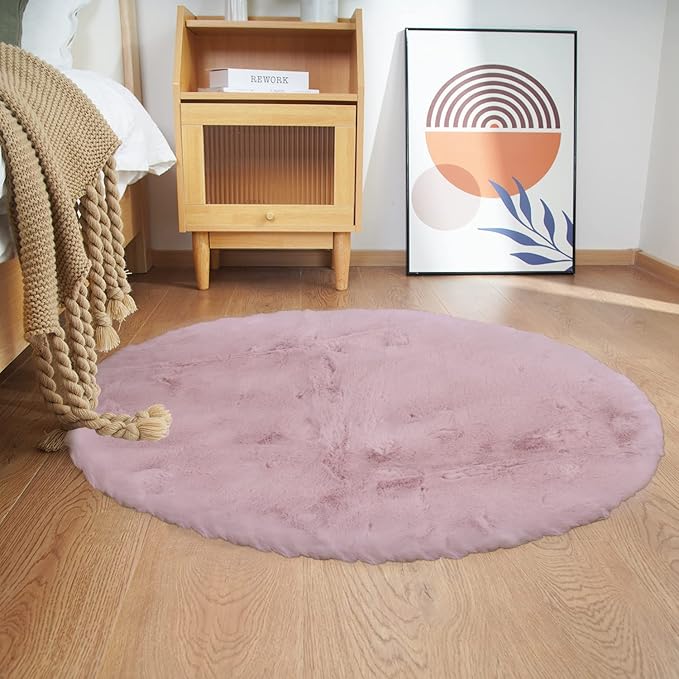 Ghouse Pink 3ft Faux Rabbit Fur Round Rug - Soft, Washable, No-Shedding Area Rug for Living Room, Bedroom Decor