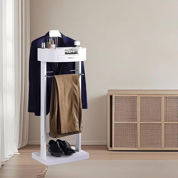 Wood Valet Stand with Drawers, White Men's Valet Stand with Sturdy Base, Suit Valet Stand, Load Capacity 50kg, for Entryway, Bedroom, Office, 17X13.5X42 in (White)