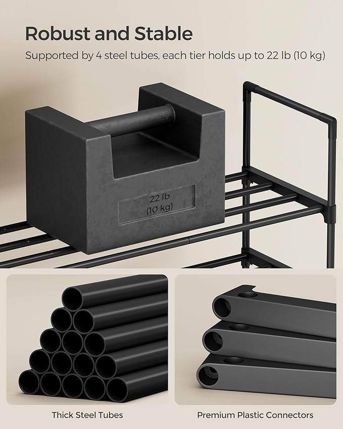SONGMICS Shoe Rack, 2-Tier Shoe Organizer, Metal Storage Shelf, Upright or Upside Down, for 6-9 Pairs, Stackable, for Entryway, 11.8 x 26.8 x 14.6 Inches, Black ULSA202B01