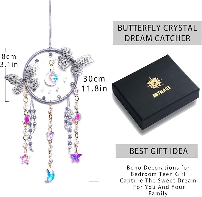 Artilady Dream Catcher for Girls - Butterfly Small Dream Catchers with Crystals Cute Room Decor for Teen Girls Boys Boho Bedroom Wall Home Decorations Birthday Christmas Women Kids Gifts