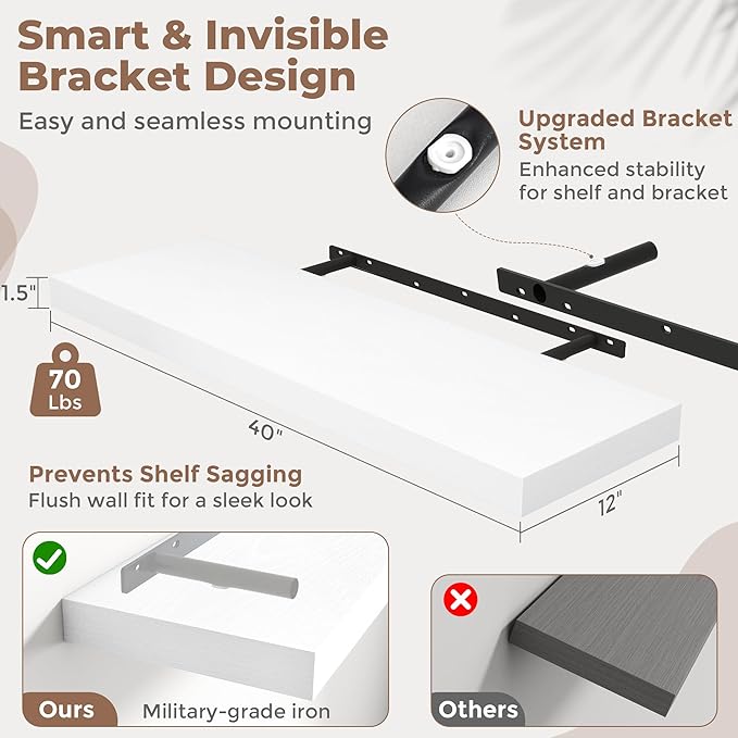 40 Inch Long Floating Shelves for Wall Set of 2, 12"D Wood Grain Bathroom Shelves with Invisible Brackets, Easy Install Engineered Wood Storage Shelves for Kitchen, Living Room, Bedroom, White Finish