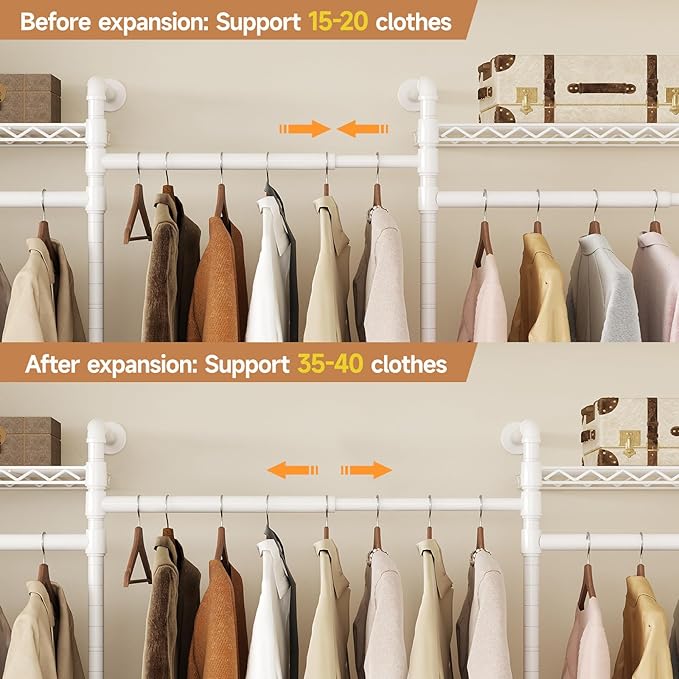 Wall Mounted Garment Rack, Industrial Pipe Metal Clothing Rack with 6 Hanging Rods (4 Expandable) & 8 Shelves, Closet Organizers and Storage System for Bedroom, Walk in Closet