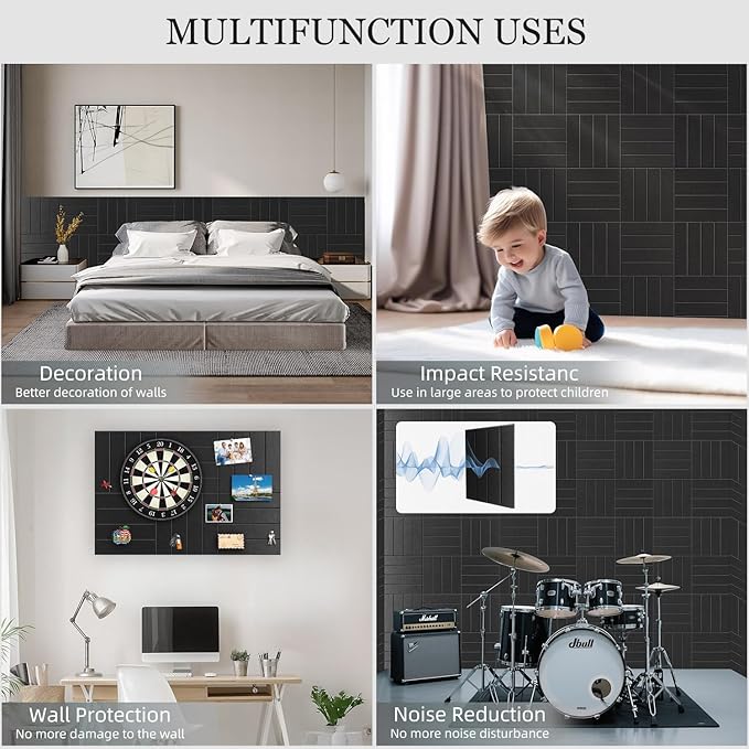 Large Cork Board Strips for Wall, 36" x 24" Black Bulletin Board, 6 Pack Fabric Wall Tiles with Pushpins, Adhesive Cork Board for Office, Sound Absorbing Bulletin Board Set for Home Music Class