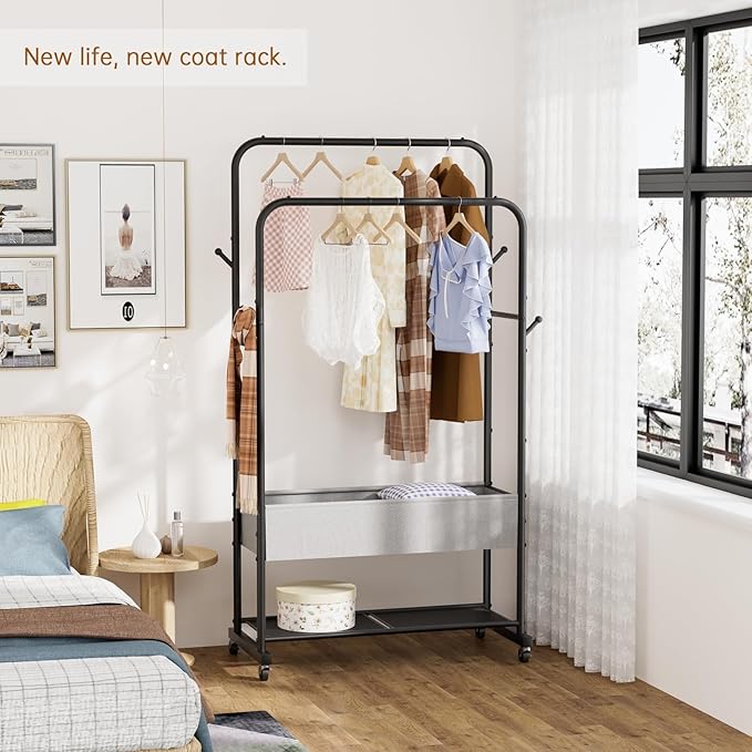 Clothes Garment Coat Rack Drying Clothing Racks Metal Freestanding for Hanging Clothes Portable Closet for Laundry Bedroom Black