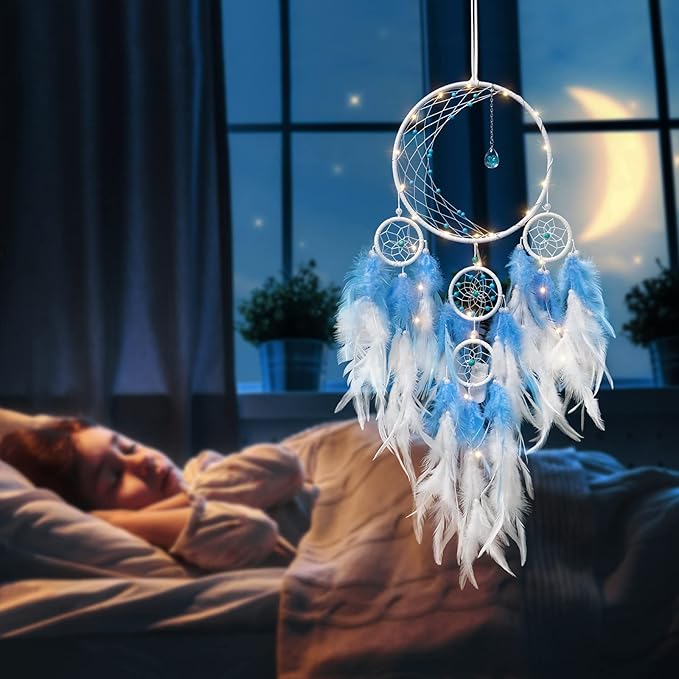 KHOYIME LED Light Up Dream Catcher Half Circle Moon Decor with Lights Handmade Feather Dreamcatchers for Bedroom Bohemian Home Decor Wedding Ornament Craft Gift for Girls Boys (Blue)