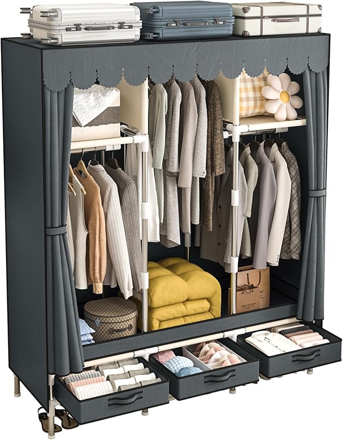 Portable Armoire Wardrobe Closet with 3 Drawers and 3 Hanging Rods,Cloth Closet Wardrobe Cabinet for Hanging Clothes,Grey Cover,for Clothing,Bedding,51 in Width