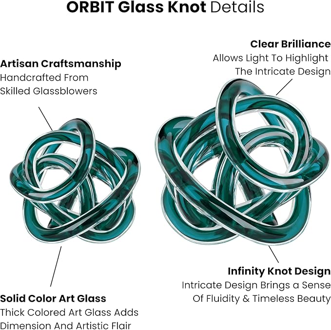 Torre & Tagus Orbit Hand Blown Glass Infinity Knot Sculpture - 4.5 Inch Glass Art Teal Knot Decor Ball for Home Decor, Small Centerpiece Table Decoration for Home Interior (Clear Teal)