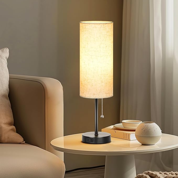 Dott Arts 18" Table Lamp for Bedroom, 3-Color Bedside Lamps with Pull Chain, Bedroom Table Lamps for Nightstand,AC Outlet Small Lamp for Living Room, Bulb Included Flax