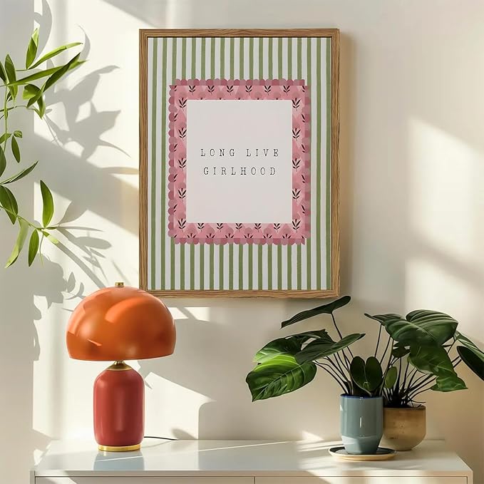 Long Live Girlhood Wall Art Vintage Girl Nursery Wall Decor Picture, Pink and Green Striped Baby Girls Poster Canvas Print Painting Artwork for Living Room Bedroom 16x24 inch Wood Framed